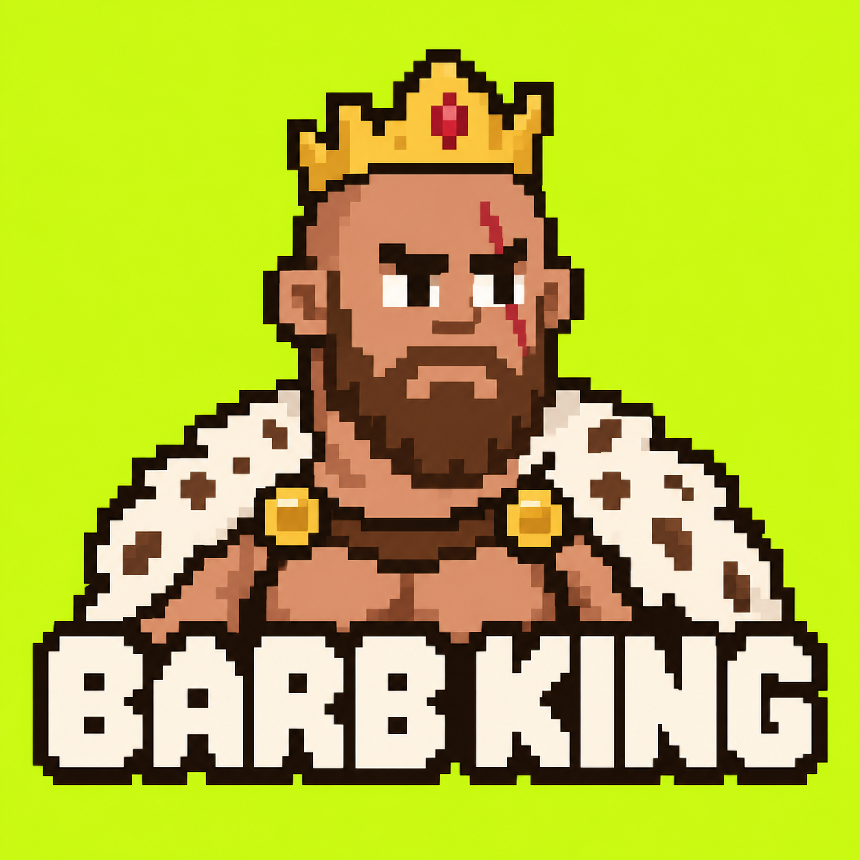 Barb King: pixel barbarian wearing a gold crown and royal cloak