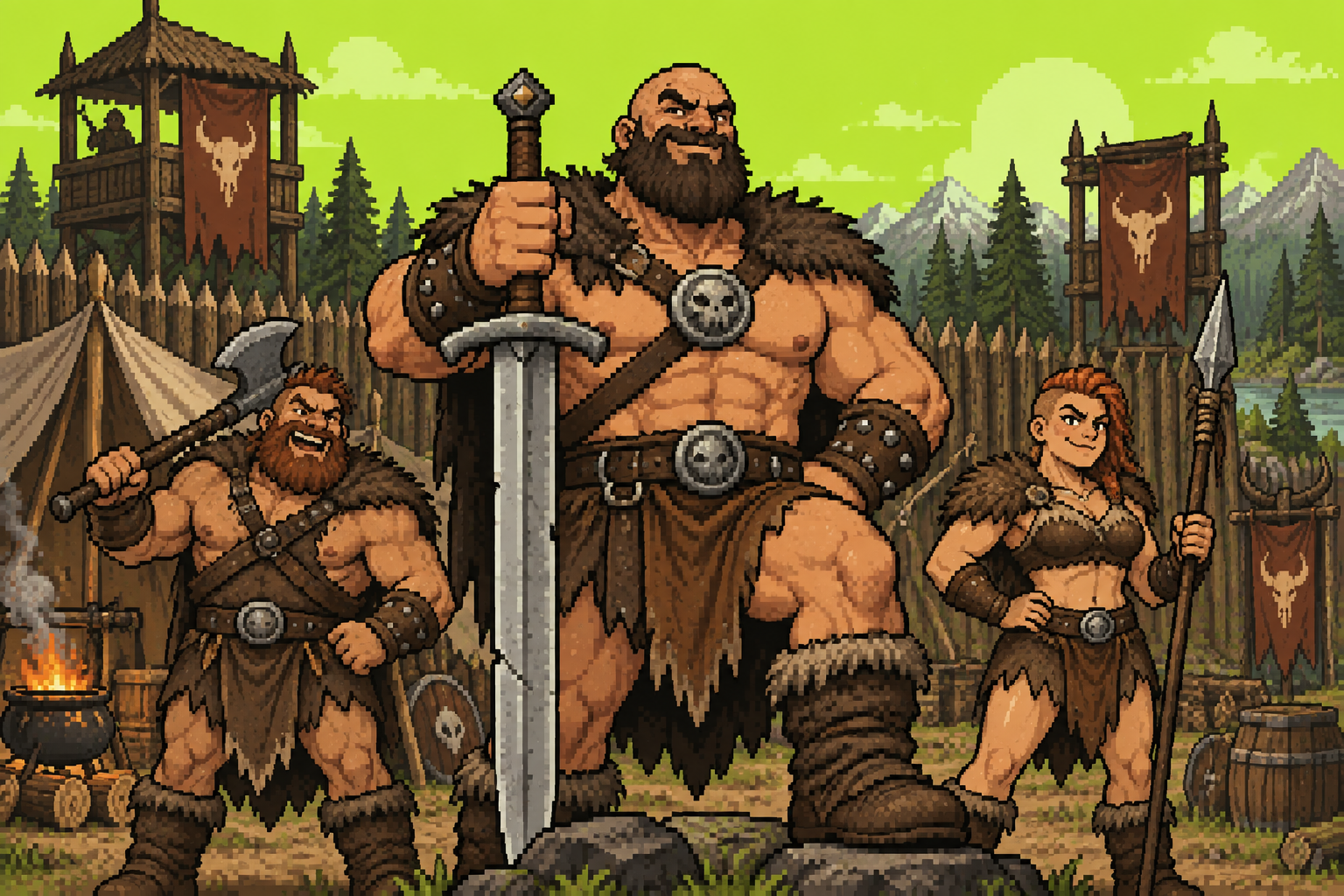 Pixel barbarians with swords standing together in their woodland camp